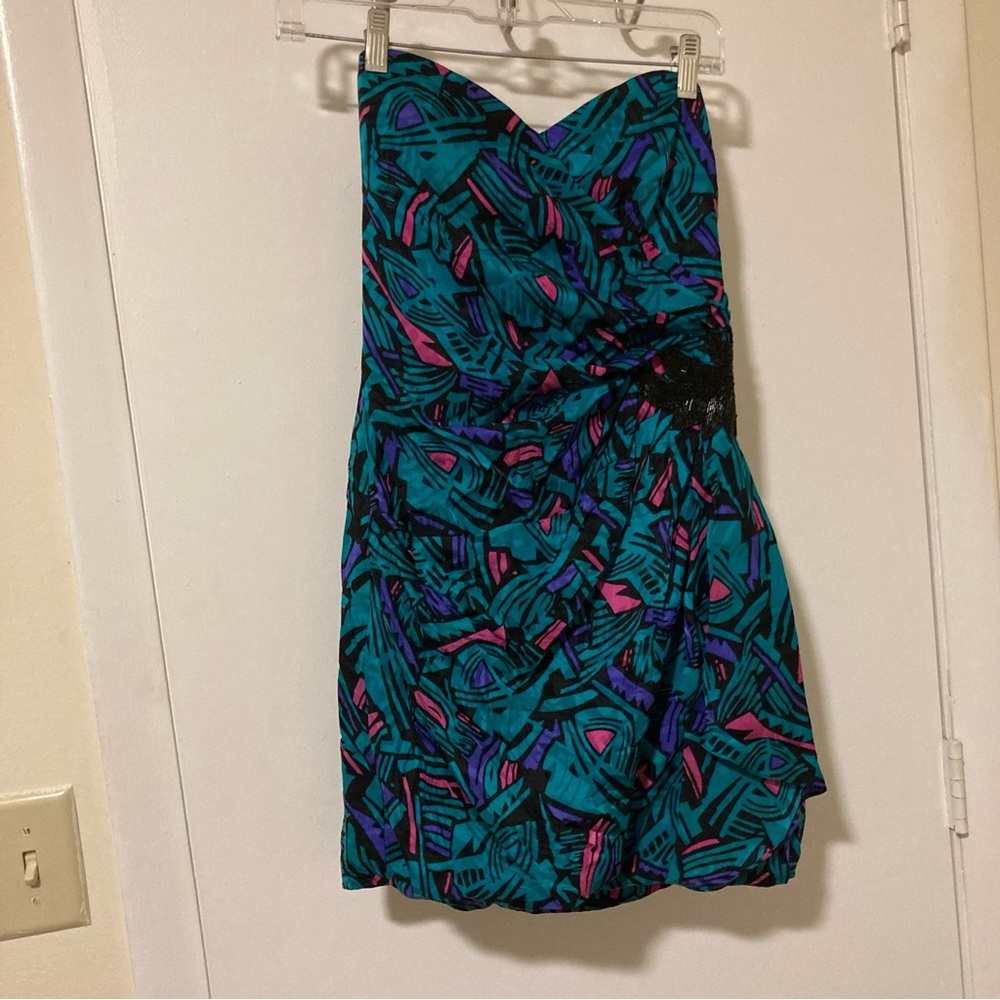 A.J. Bari Strapless Teal, Black & Purple Abstract Print Dress